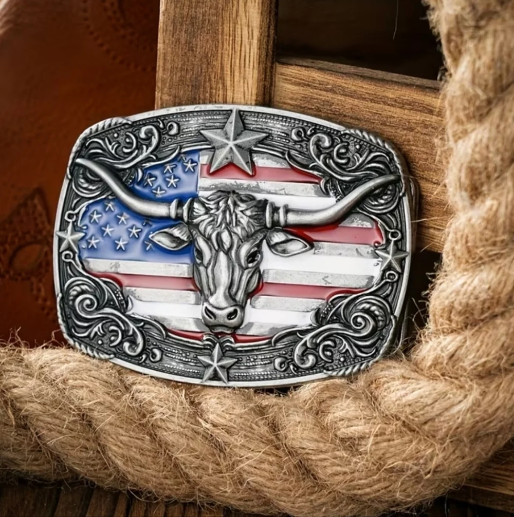 NEW Western Longhorn Bull Belt Buckle American Flag USA Cowboy Rodeo